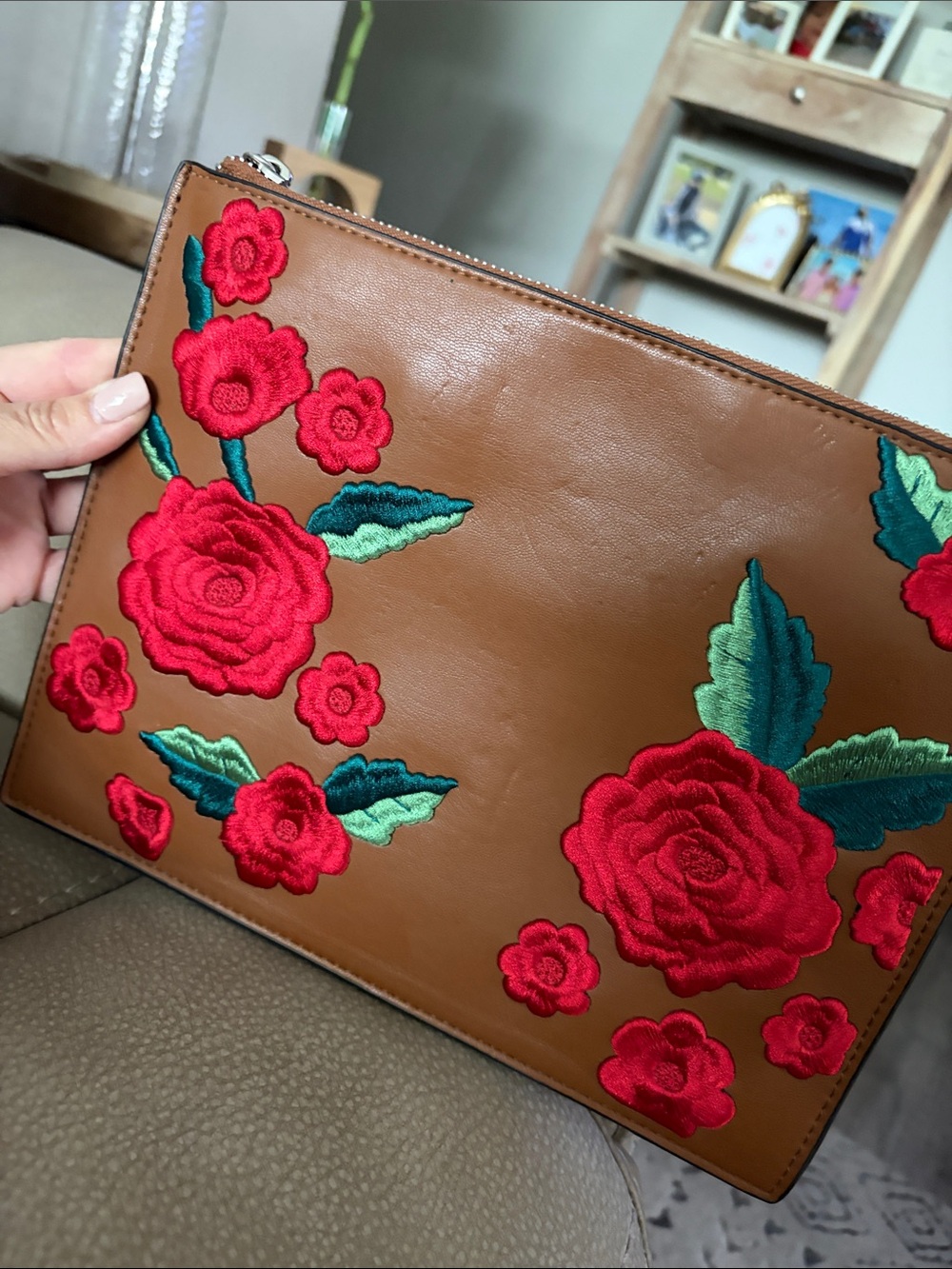 French Connection Brown Leather Clutch with Red Floral Embroidery